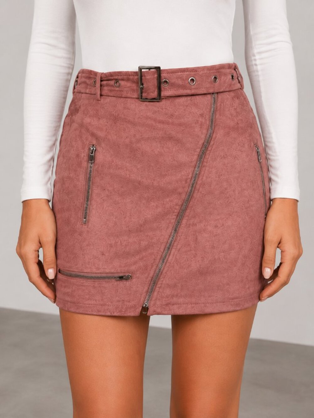 Pink Faux Suede Moto Mini Skirt Belted Zip Detail NWT